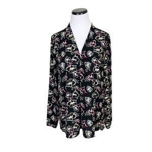 Attention Floral Long Sleeve V-Neck Blouse Medium Black